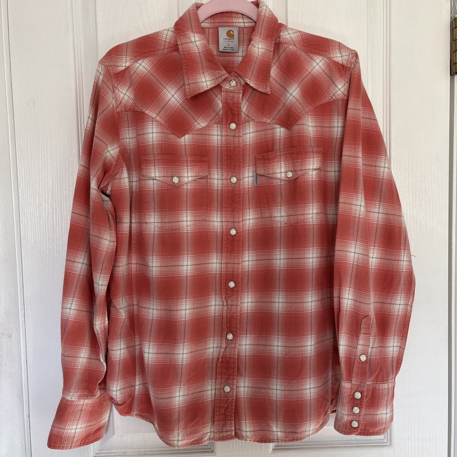 VTG 2008 Carhart Women’s L Cotton Flannel Pink Plaid Western Pearl Snap Shirt L