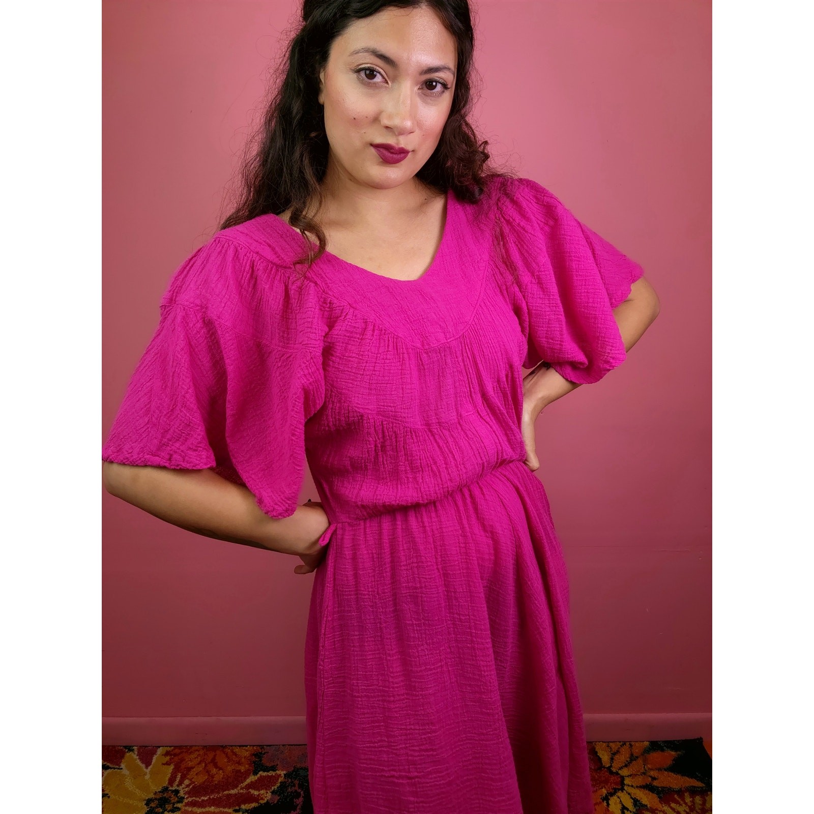 Vintage 1970’s Magenta Cotton Gauze Dress with Billowy Sleeves by Byer Too!