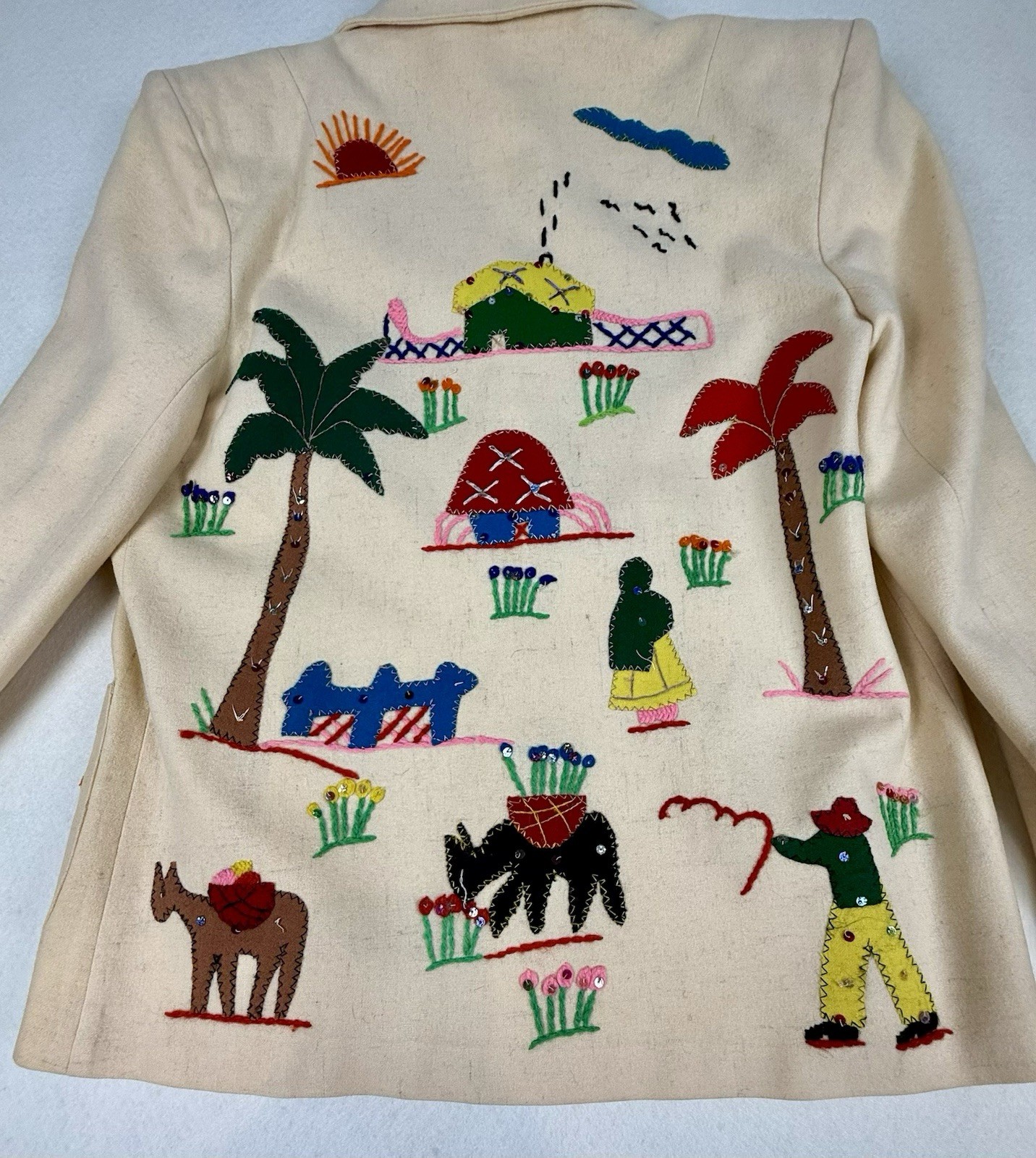 Vtg 1950s Beige Wool Mexican Souvenir Jacket W People Palms Cactus Village Life