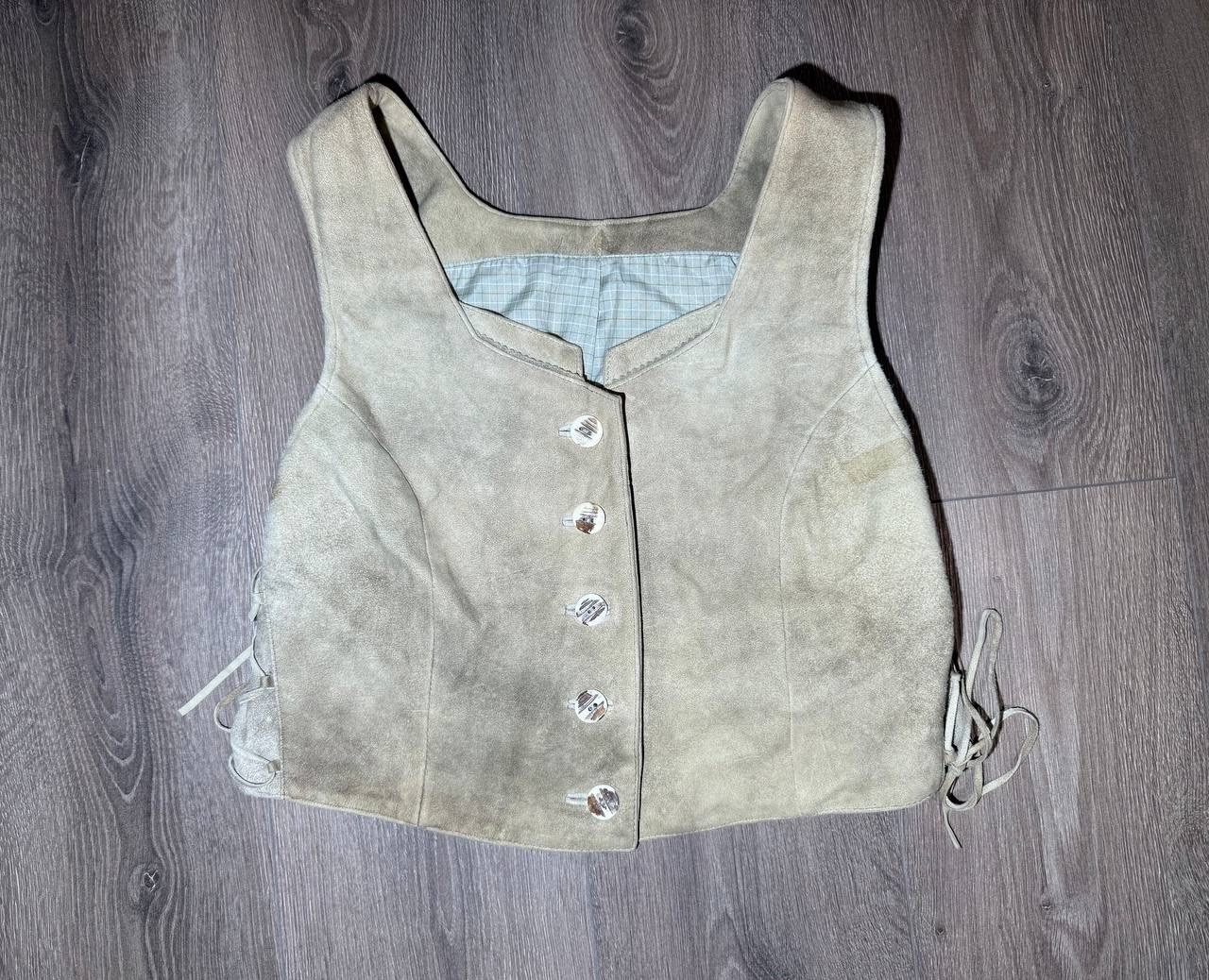Vintage Suede Leather Trachten Vest Womens Dirndl Corset Waistcoat Size L 42