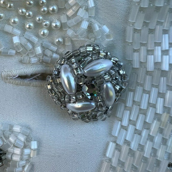 VTG Beaded Evening Jacket Heavily Embellished Winter White Pearl Triangle Sz 10