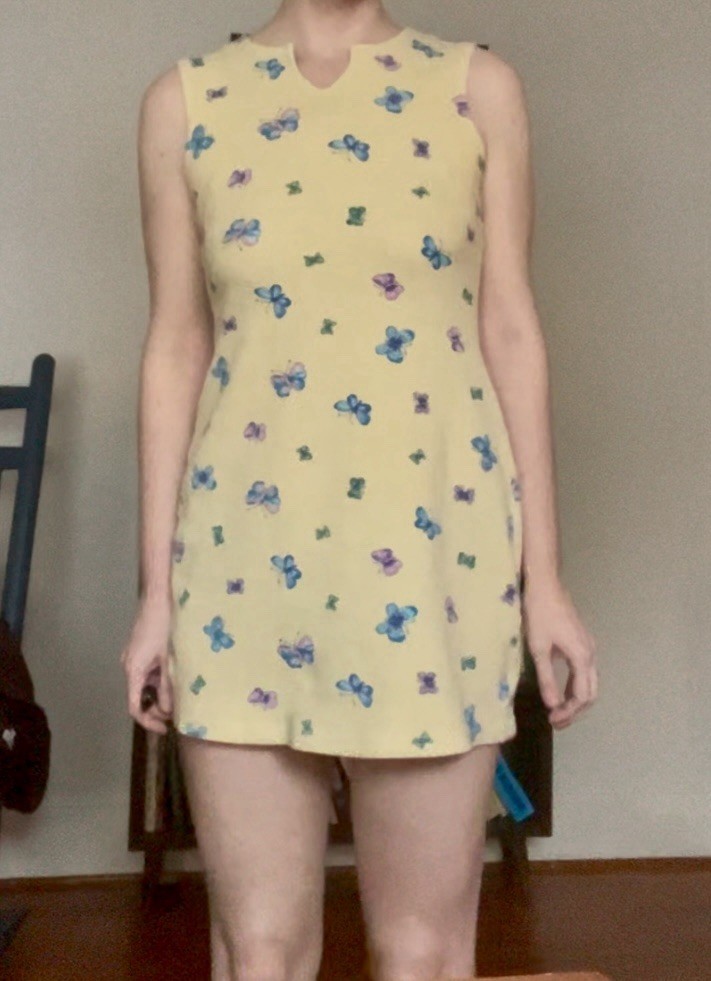 Vintage 90s Aqua Blues Yellow Butterfly Mini Dress 60s Mod Style Shift Size S