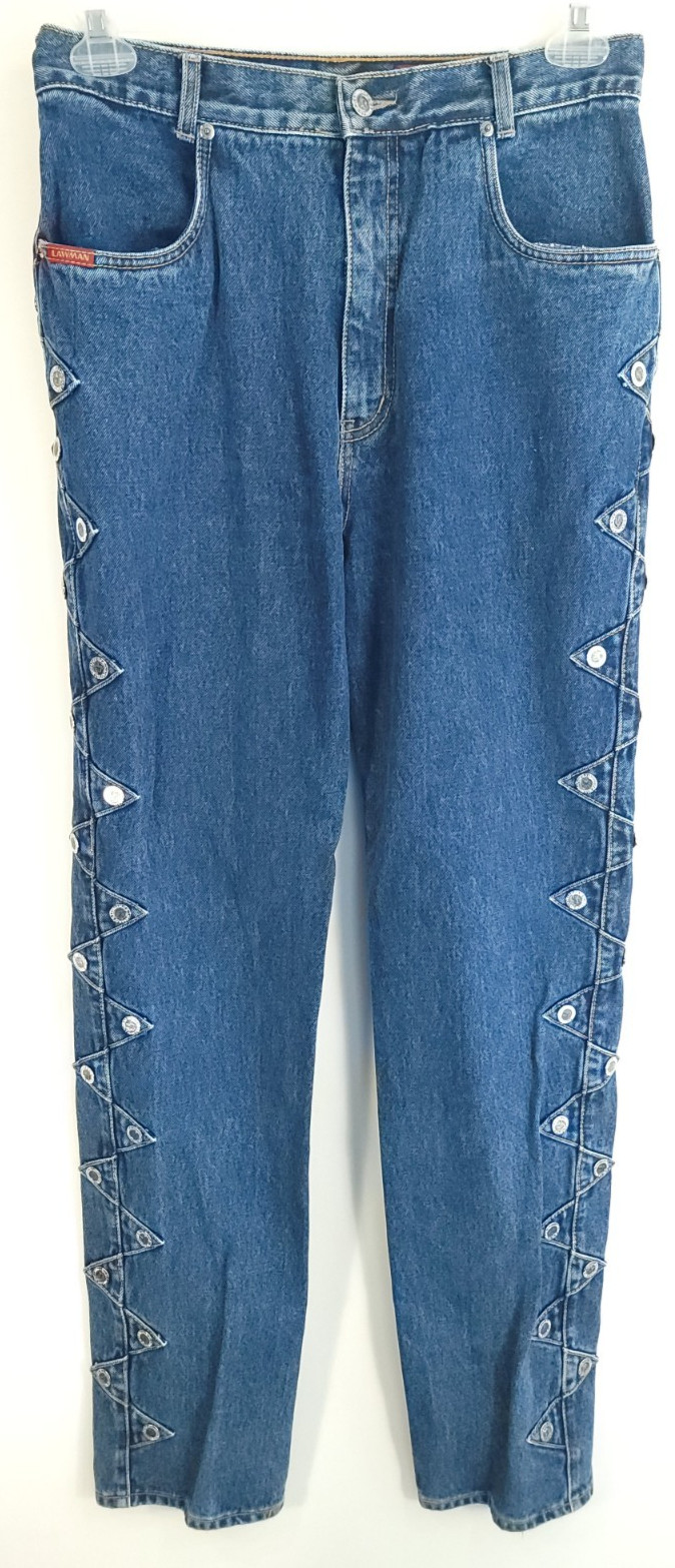 Vtg Lawman Western Jeans Junior’s 15 Blue Denim Distressed Faded Embellished