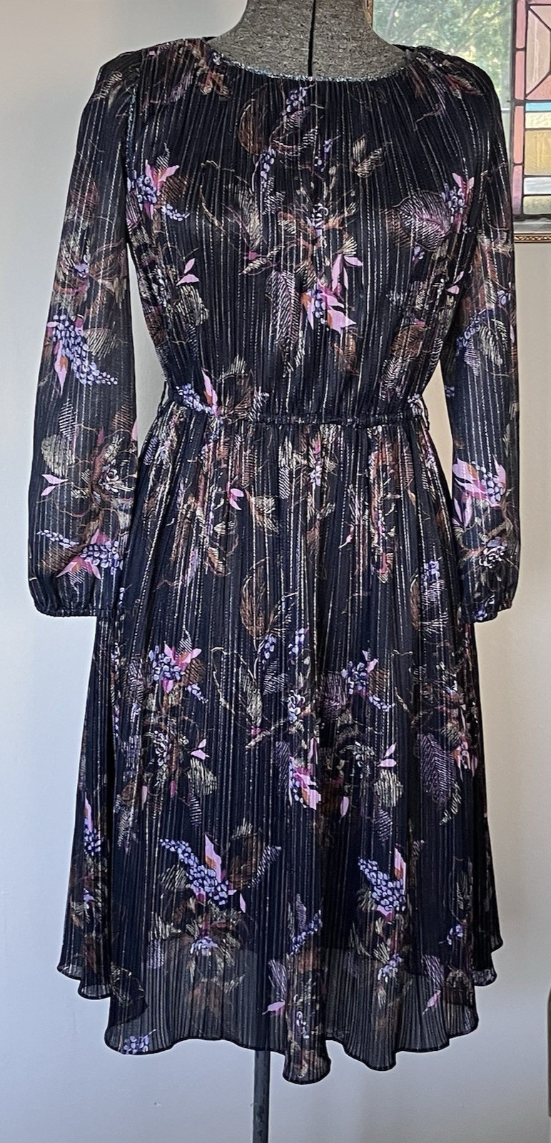 Sexy Vintage 70s Shimmery Sheet Black Dress With Metallic Braided Trim sz 8