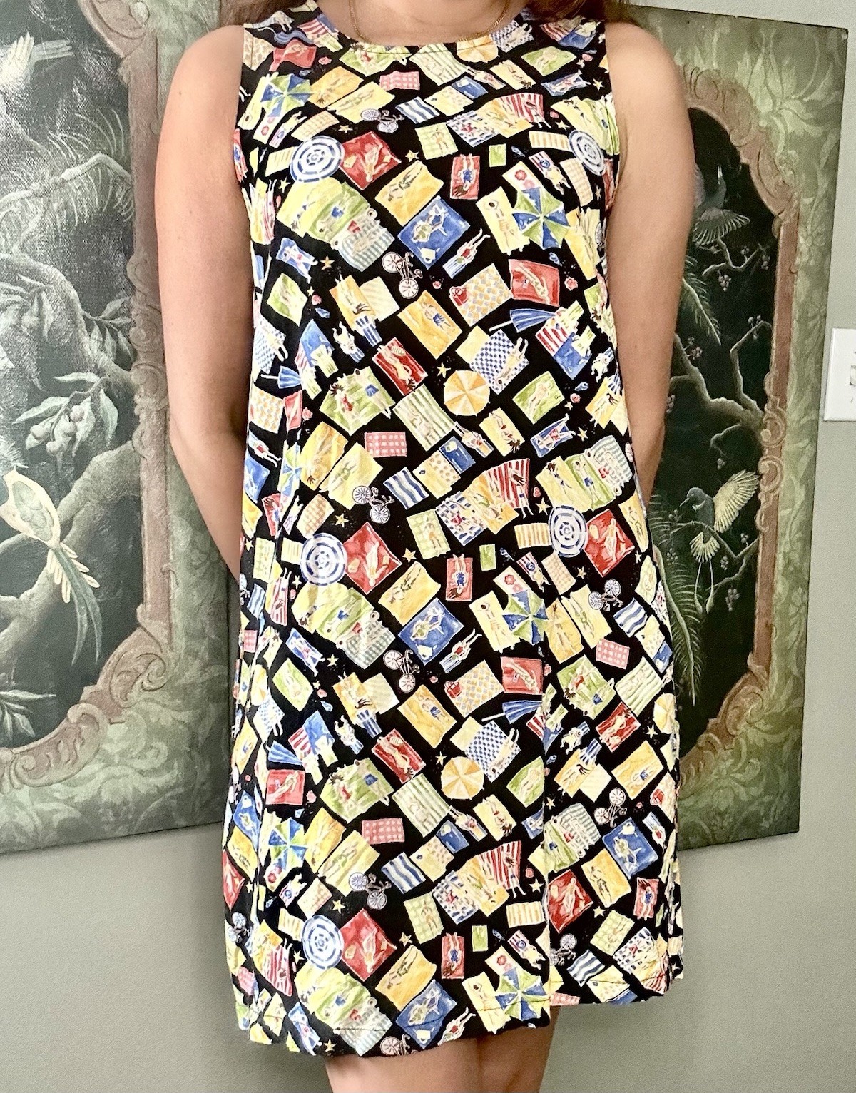 VTG 1990s Retro Design Shift Dress Teacher Aesthetic Funny Beach Print Med