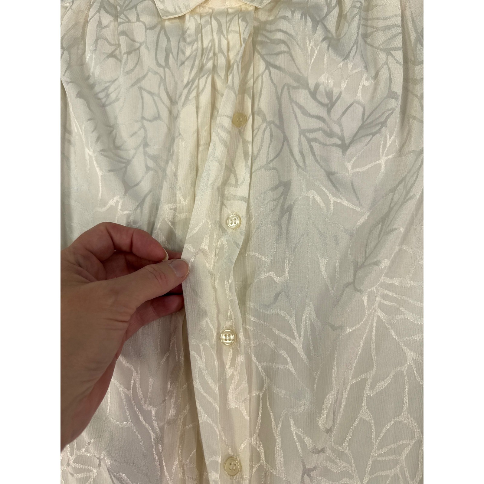 Vtg 80s Ascot Collection Lady Arrow White Leaf Jacquard Blouse Sz 10 Long Sleeve