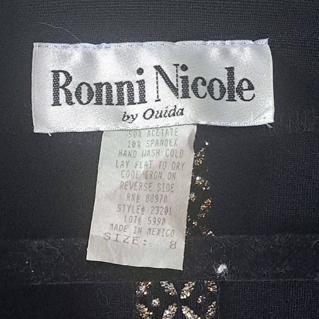 Ronni Nicole by Ouida Black W/Silver Glitter Button Up Blouse Slit Back Wms Sz 8