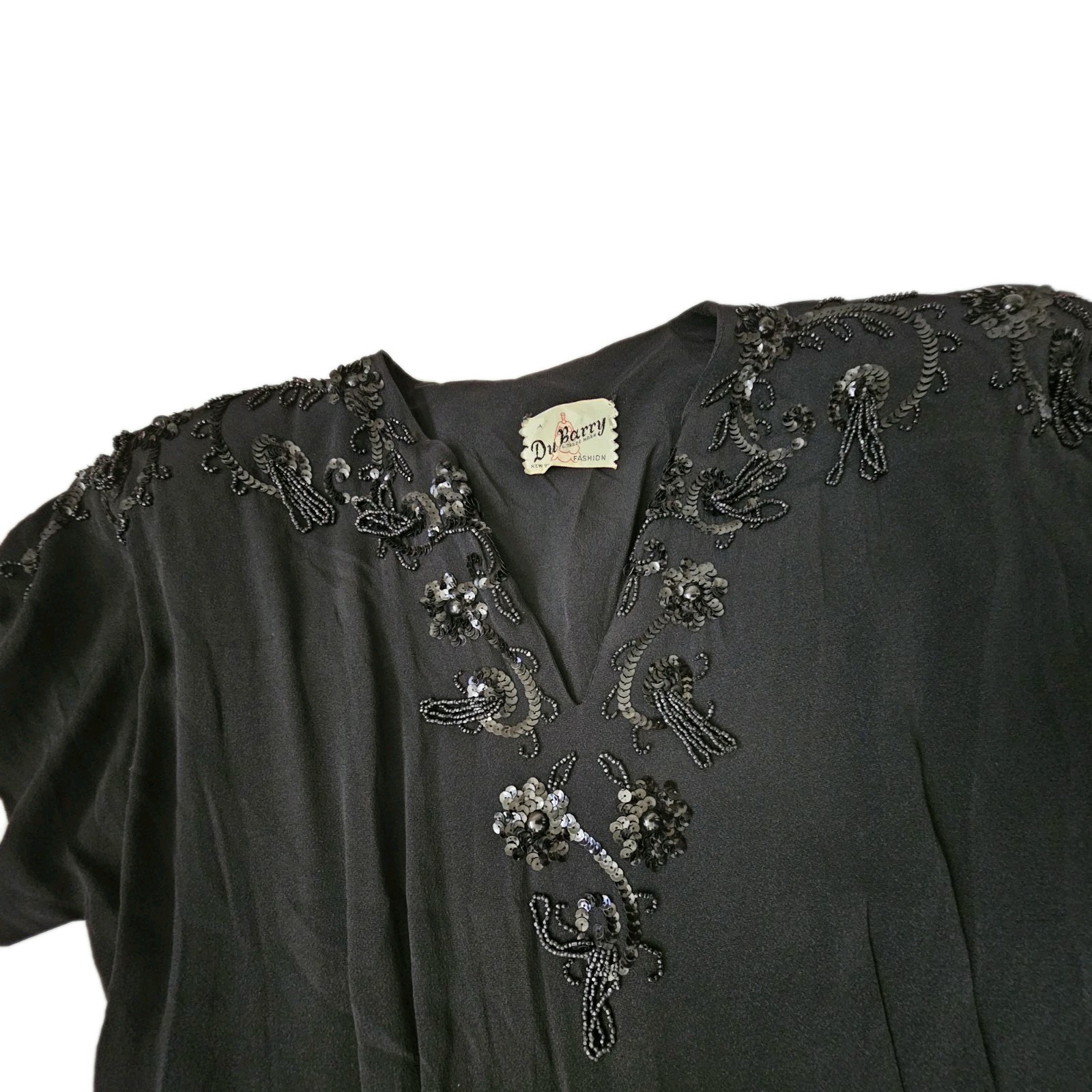 Vtg 40s DuBarry Black Rayon Crepe Beaded Evening Maxi Dress W28-29″
