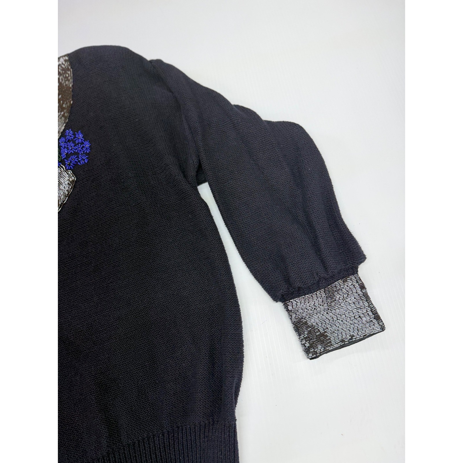 VTG Bonnie Boerer Sweater Black Beaded Sequin Bow Floral Ramie Cotton Womens M