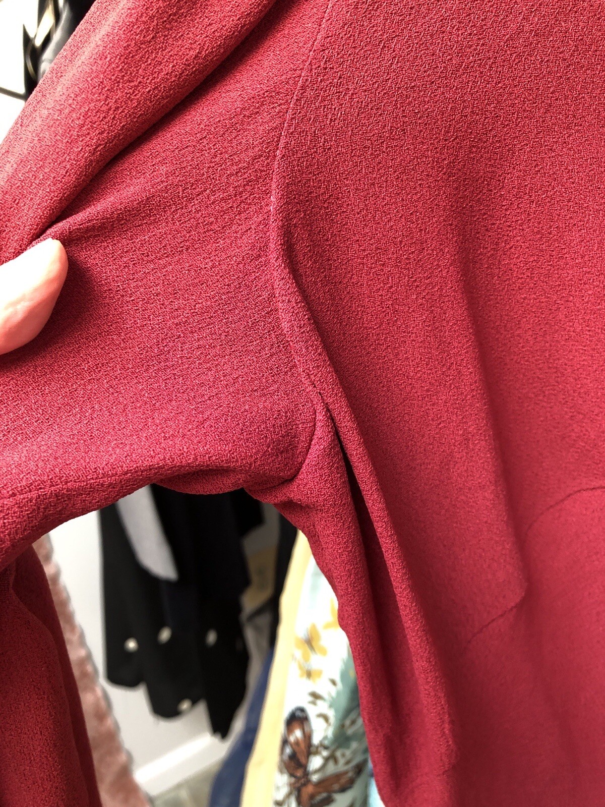 VTG 1940s Pomegranate RED Rayon Crepe Bias-Cut SWING DRESS w/ASYMMETRIC Buttons