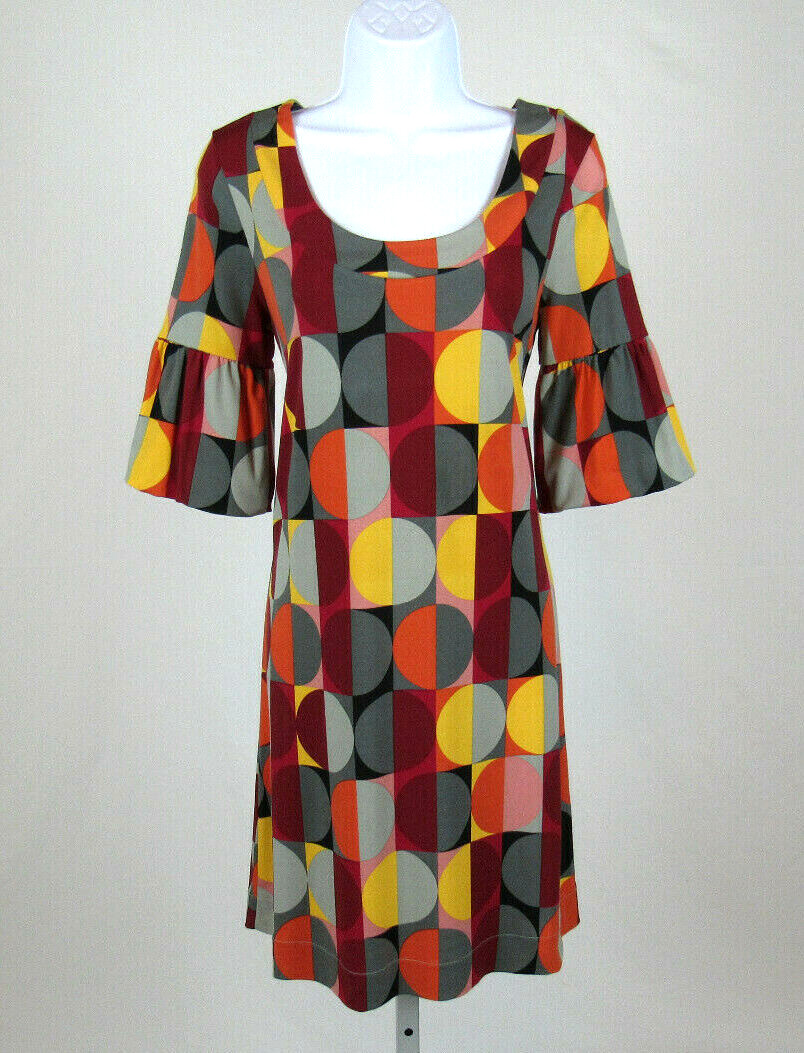 VTG 1980s 90s ELLE SMALL POLY SPANDEX DRESS MOD GEOMETRIC PATTERN PUFFY CUFFS