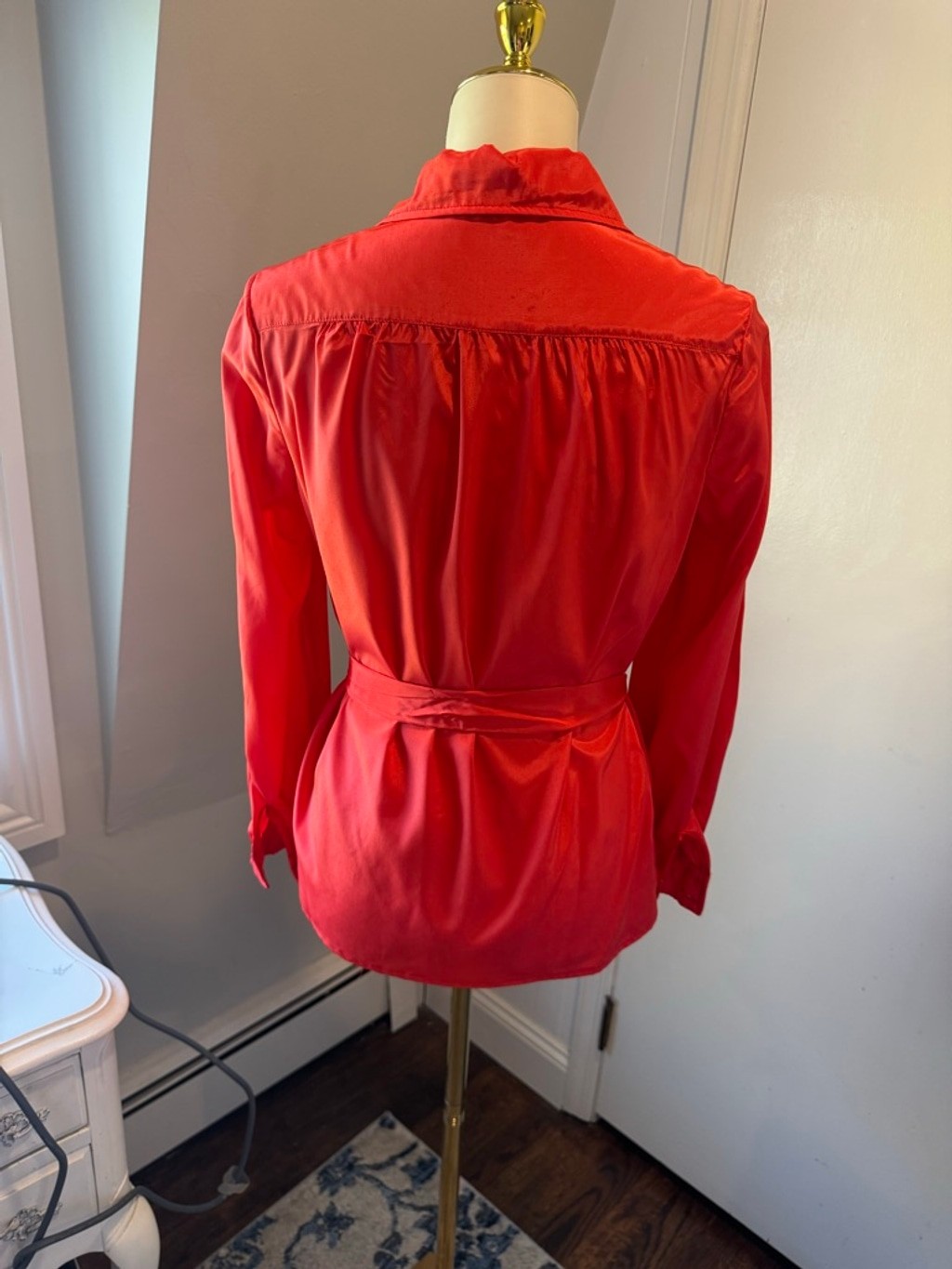 Vintage Unbranded Taffeta like Red Blouse with waist Sash