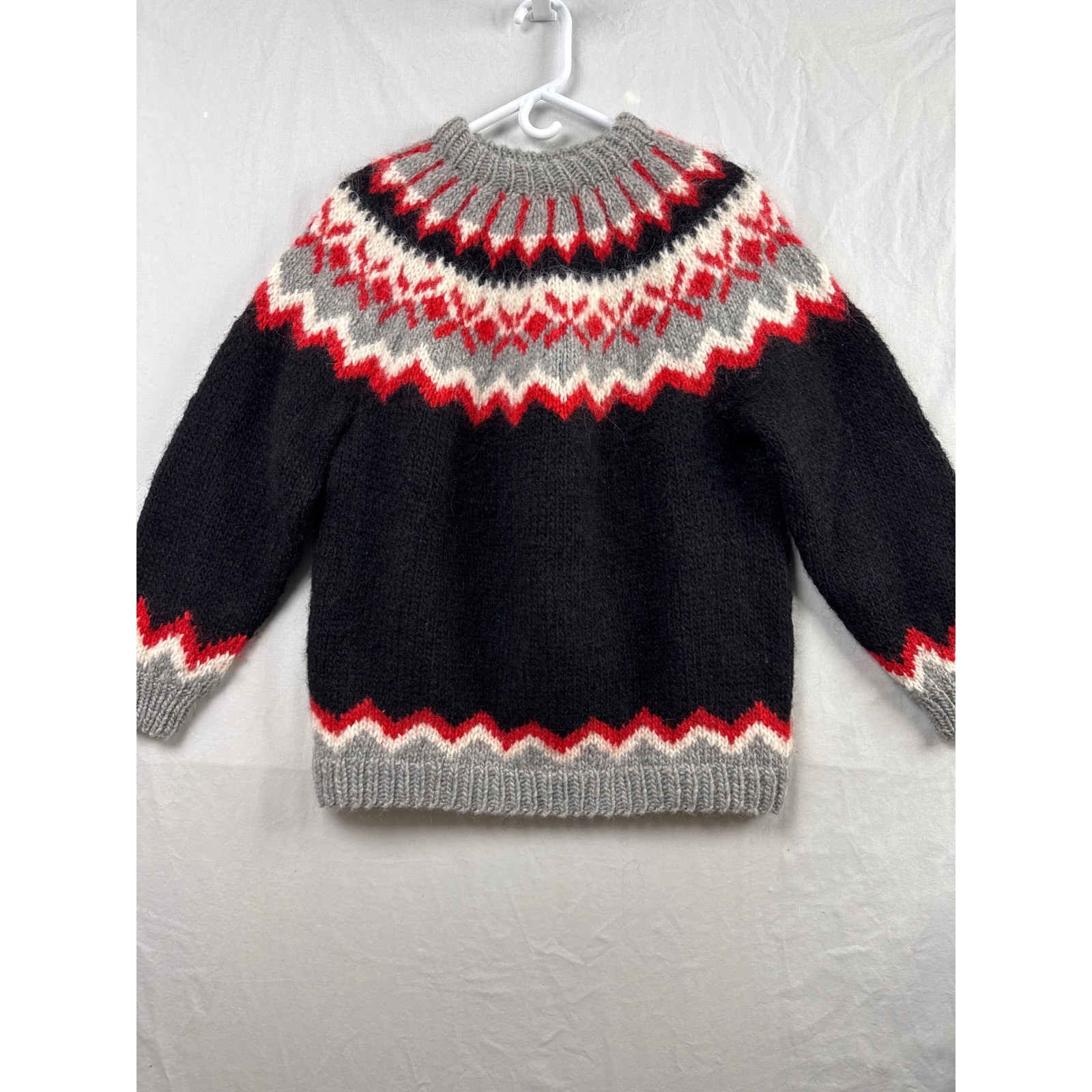 Handmade Sweater Women Medium Black Red Fair Isle Nordic Hand Knit Pullover