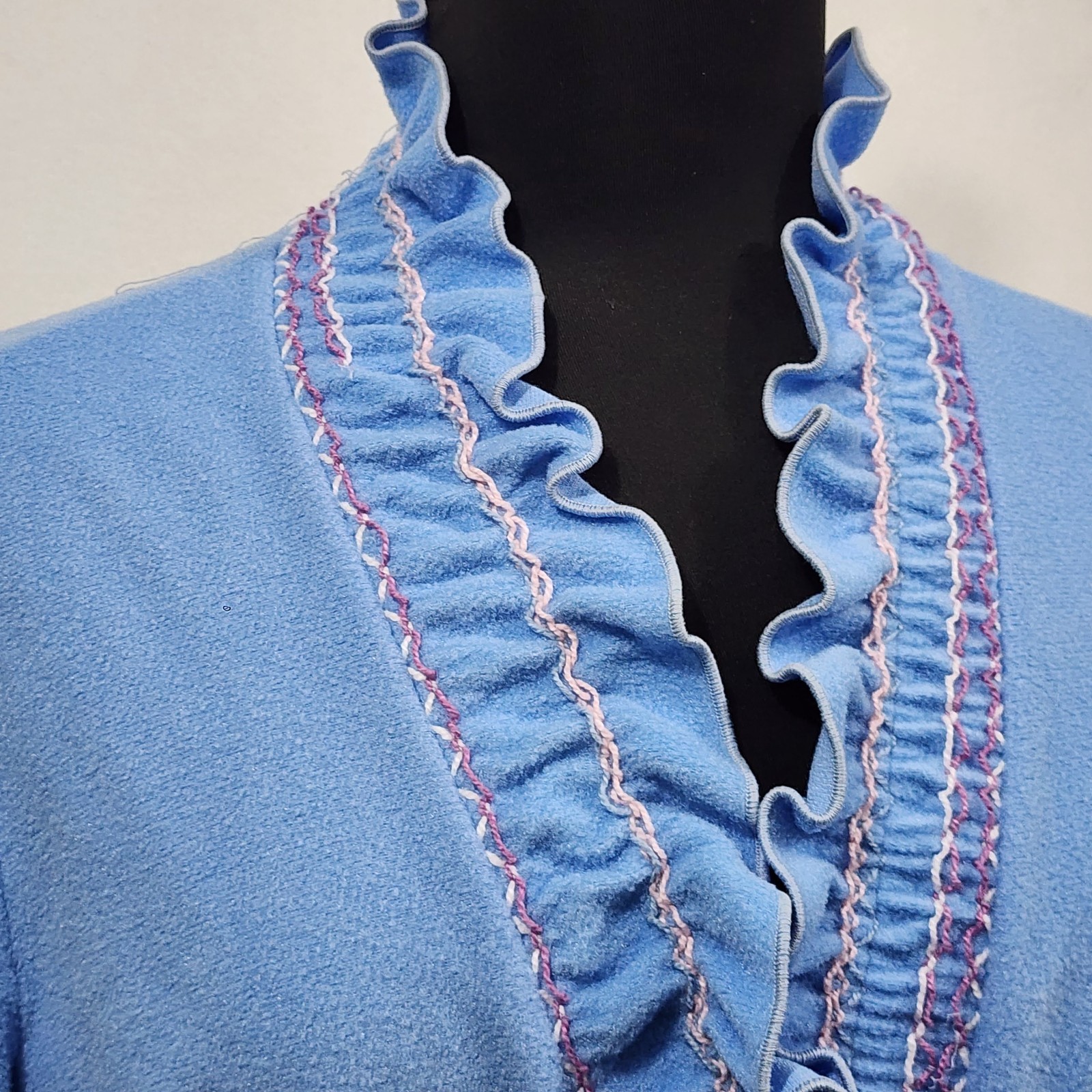 Vintage Famous Bodies Blue Terry Cloth Maxi Robe Ruffled Neckline Tie Waist Sz L