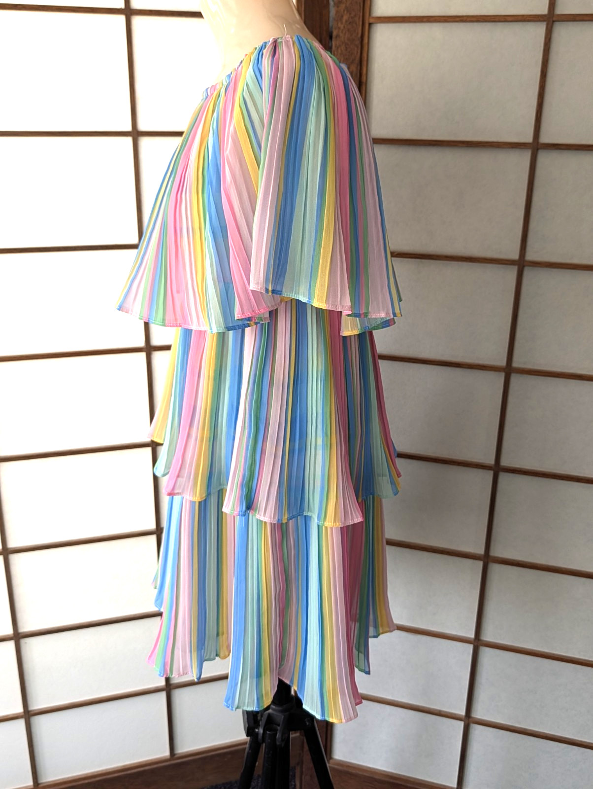Vintage 1980s Three-tiered Pastel Striped Off The Shoulder Ruffle Mini Dress S/M