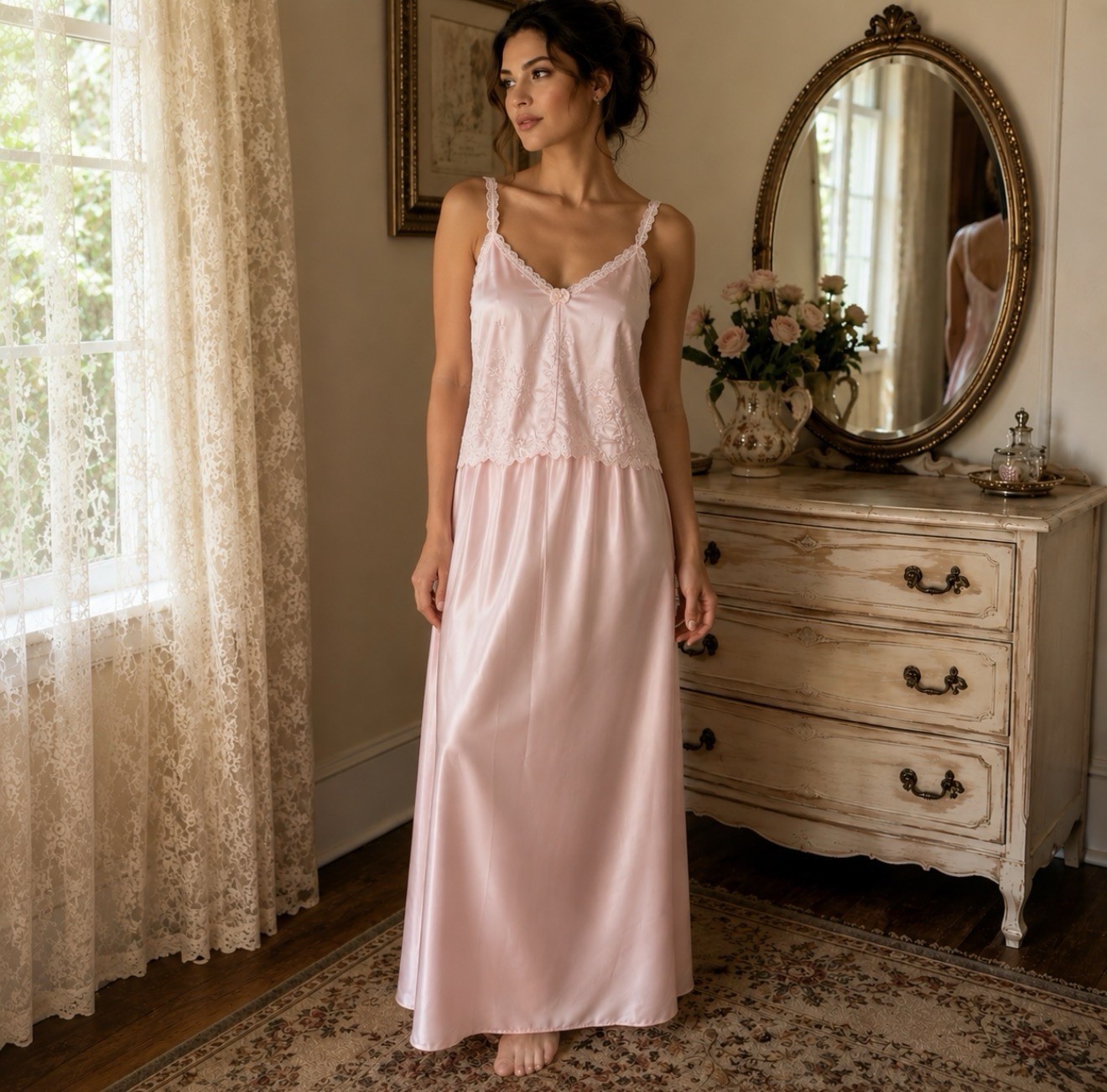 Vintage Miss Dior Nightgown Set Slip Jacket Pink Embroidered Lace USA Sz Petite
