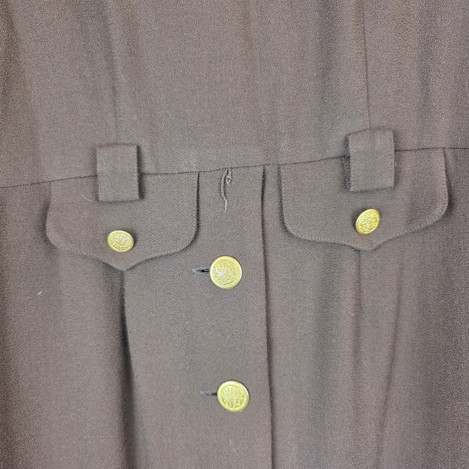 Vintage Oberon Wool Mocca Brown Dress Gold Buttons Desinging Women Sz 6.D168