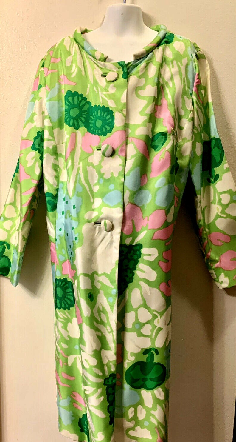 1960s Jacket COAT Small 3/4 Length TEFFTS MIAMI Flower Power Boho Green Pink Vtg