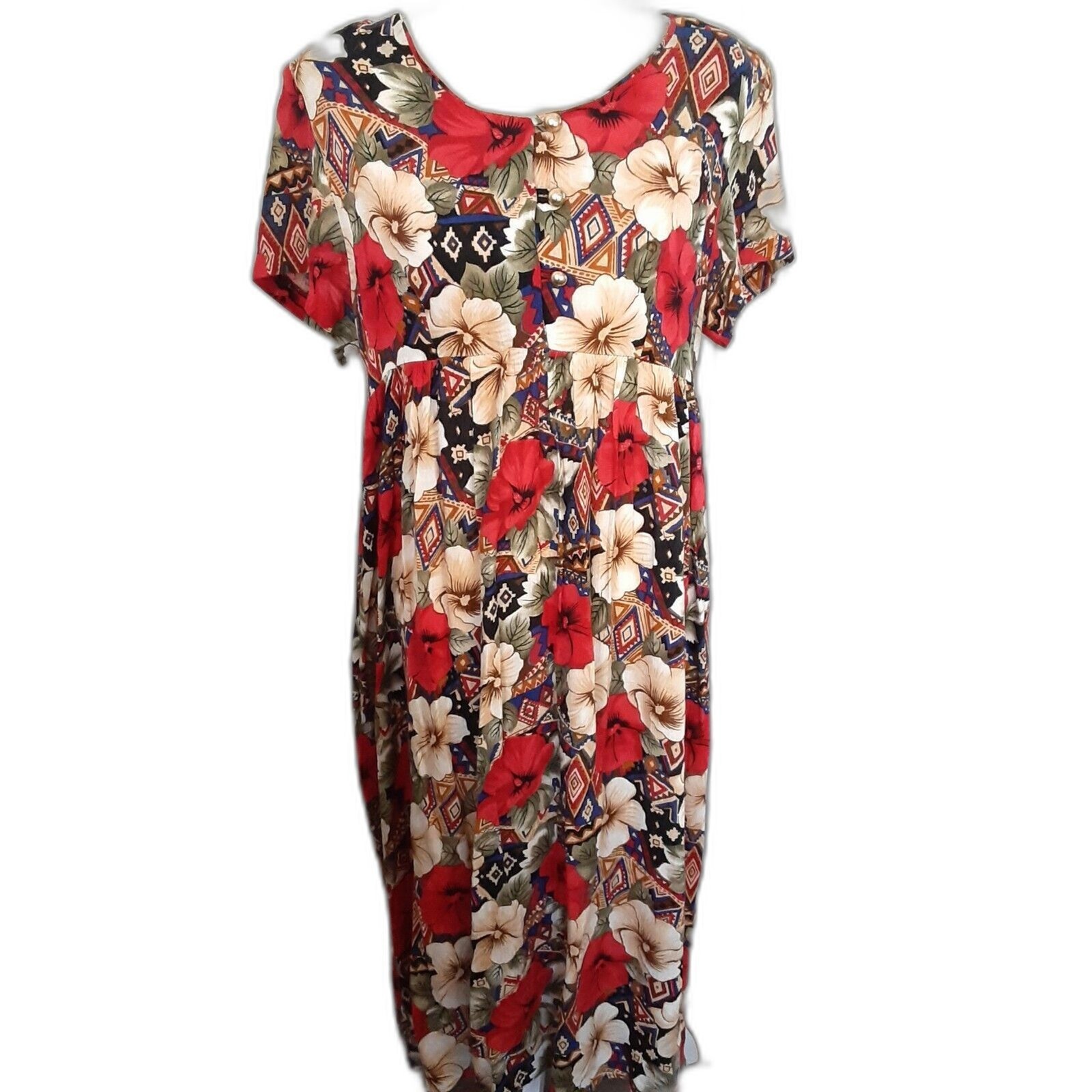 Vintage Tropical Floral Midi Dress Empire Waist Rayon Short Sleeve Buttons L