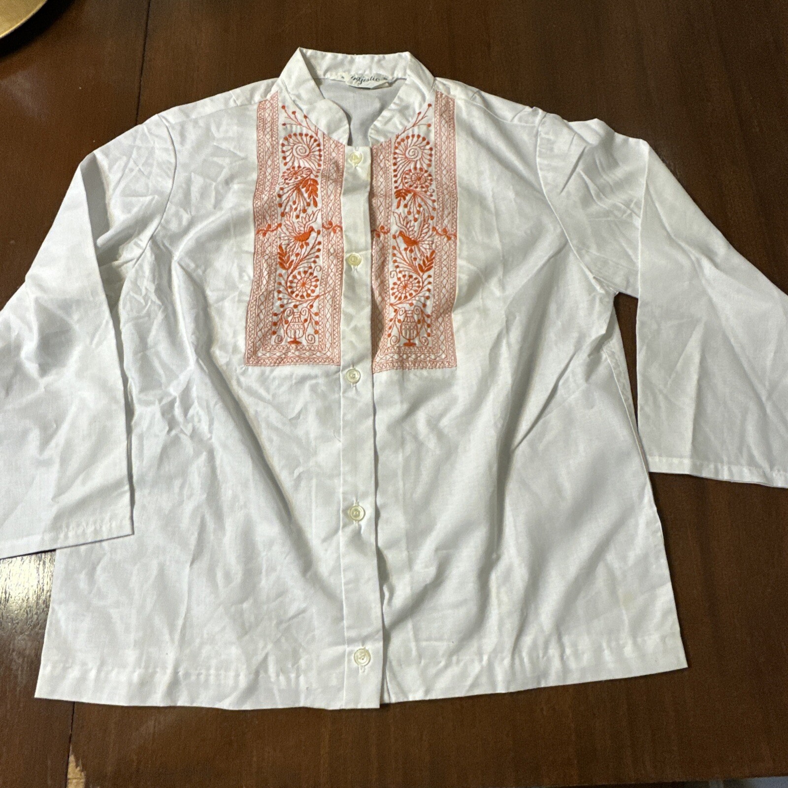 MAJESTIC Vtg 60-70s White Orange Embroidered 3/4 Sleeve Blouse Sz 16