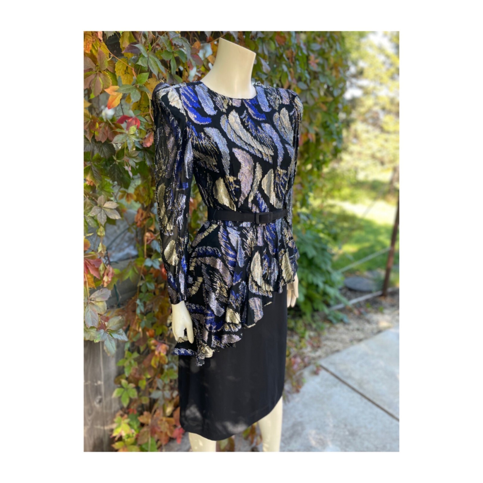 80s Nu-Mode Dress Midi Power Shoulder Asymmetrical Princess Diana Metallic
