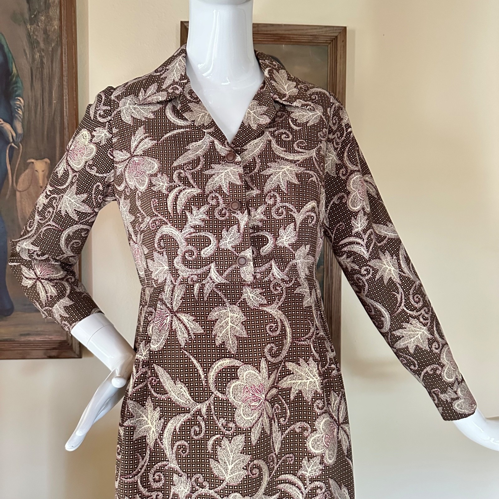 Vintage 80s Bohemian Floral Print Shirtwaist Day Dress Long Sleeve Secretary S/M