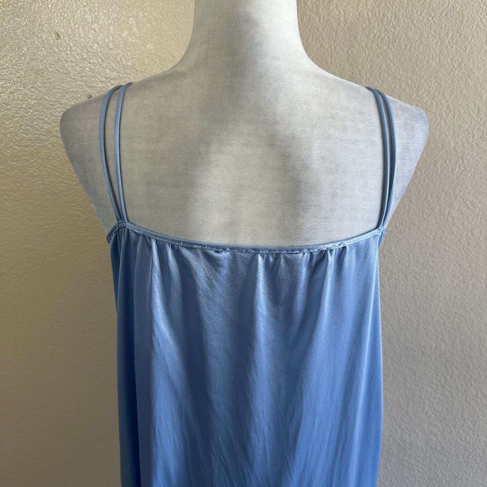 Mistra Vtg 80s Light Blue Ruffle Bibe Embroidered Floral Maxi Nightgown Womens S