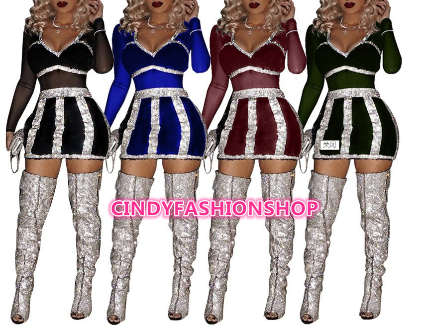 Women Mesh Patchwork Velvet V-Neck Long Sleeve Club Party Sequin Mini Dress （W)