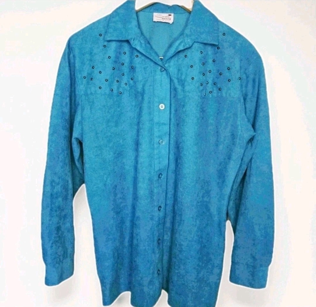 VTG Serbin PetiteM Turquoise Western Glam Studded Blouse USA Santa Fe Rodeo Boho