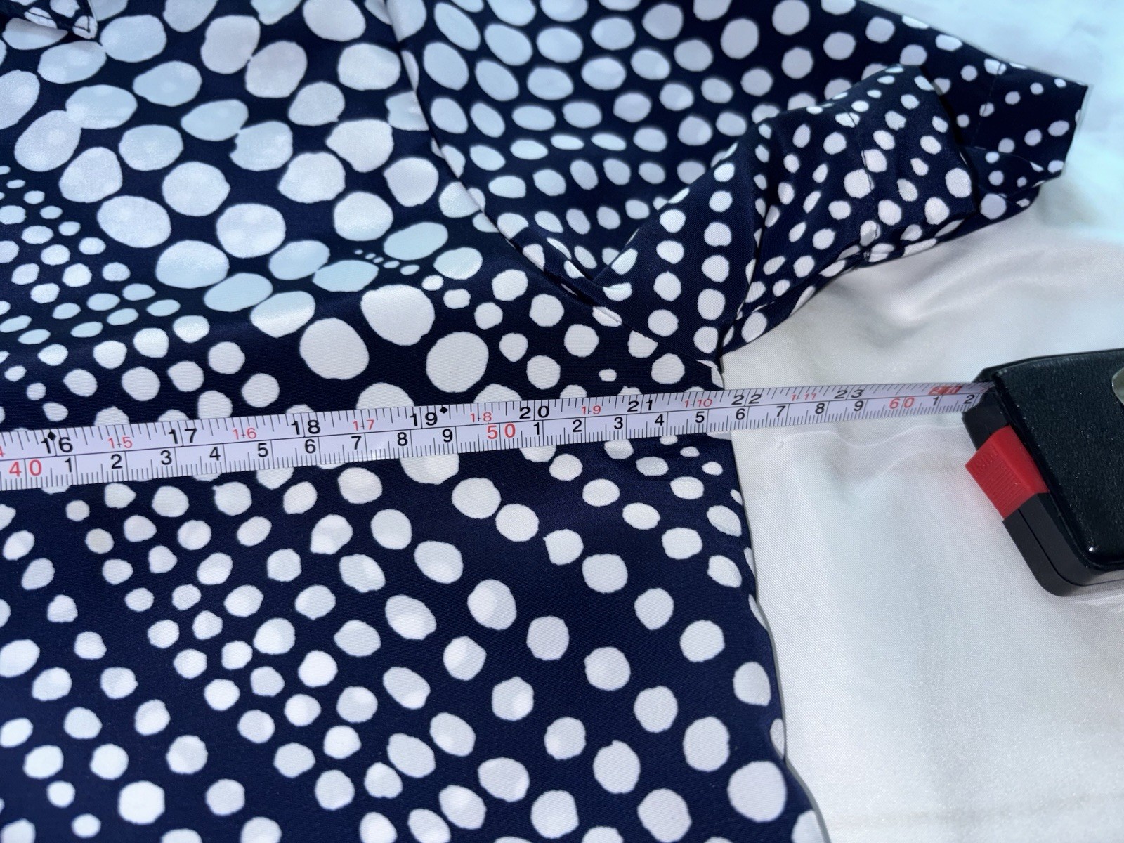 Vintage Dark Blue Polka Dot Blouse White Spots Pinup Shirt Collar Medium Poly