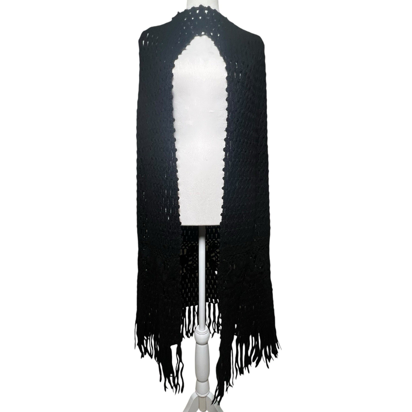 VTG Sweater Bee by BANFF Black Wool Open Knit Fringed Hooded Cape Layering Fairy