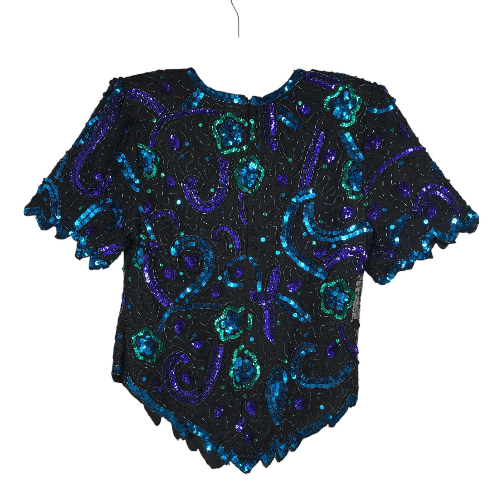 Laurence Kazar Top Womens XL Vintage Black Blue Teal Sequin Beaded Silk EUC