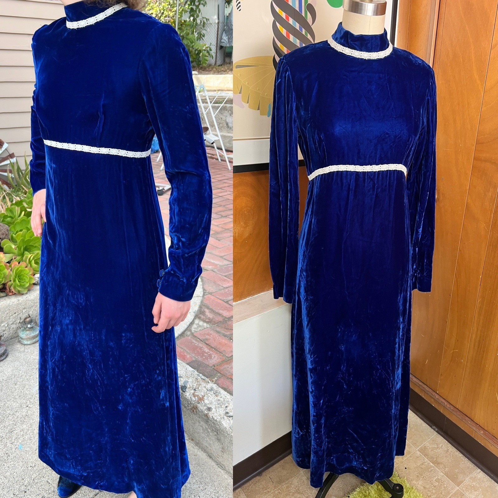 VTG Blue Velvet Dress Sz XS white crochet detail midi maxi sapphire