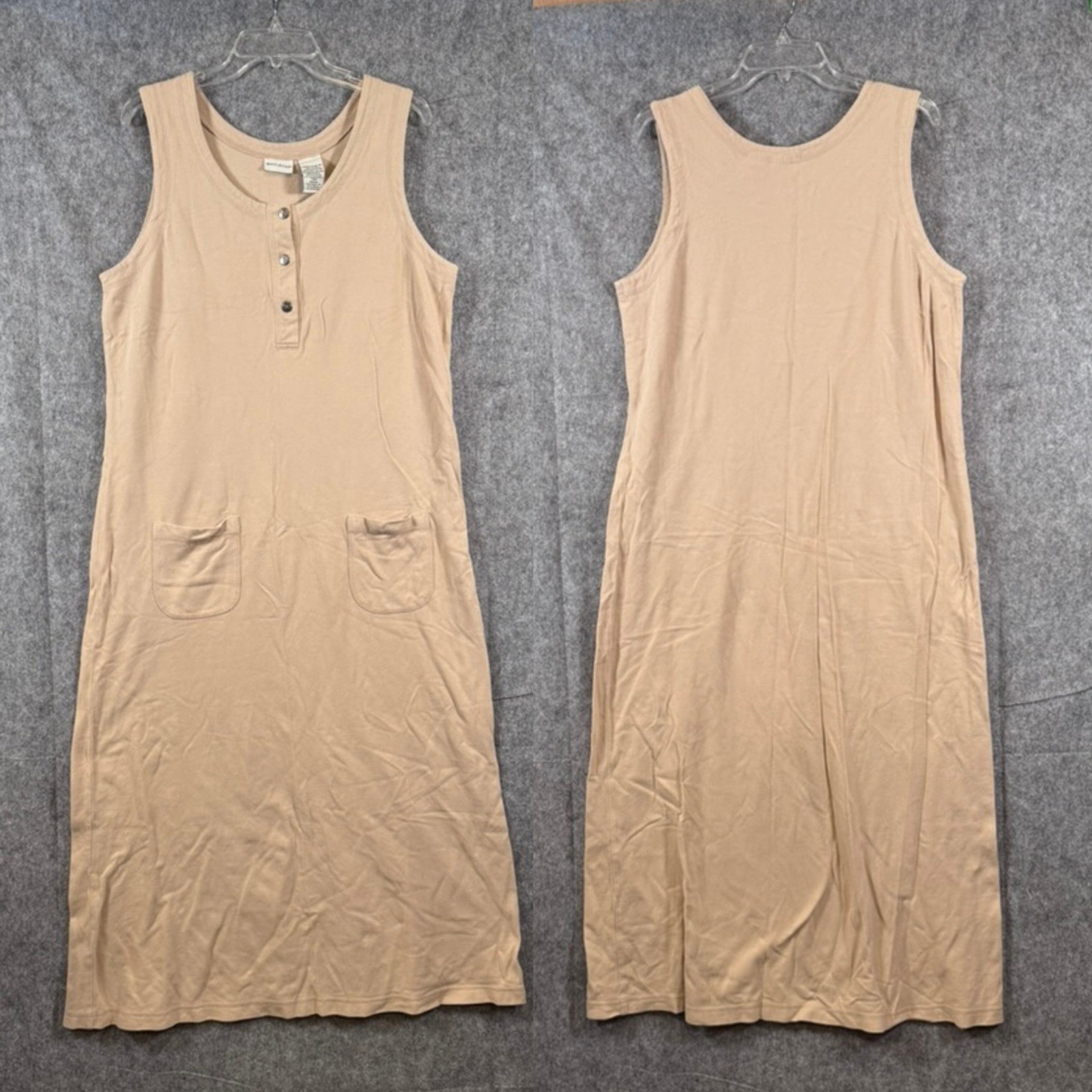 Vtg Henley Jumper Dress Womens XL Pique Knit Pocket Tan Utility Teacher 90s Maxi