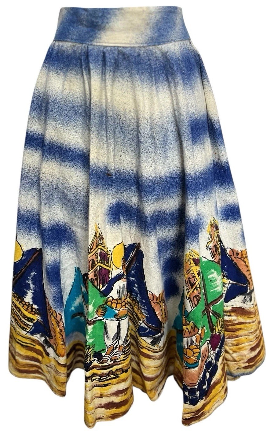 Vtg 1950s Mexican Hand Painted Scenic Skirt Xs/S Circle Made In Mexico Souvenir