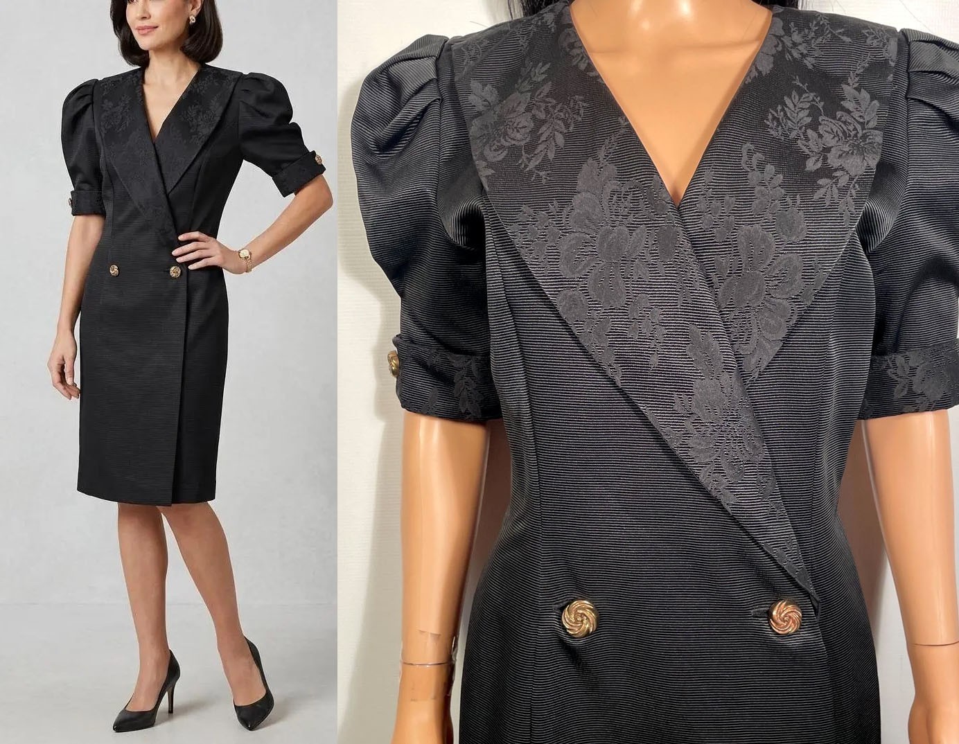 Vintage 1980s Black Taffeta Tuxedo Dress With Floral Brocade Collar Size S/M