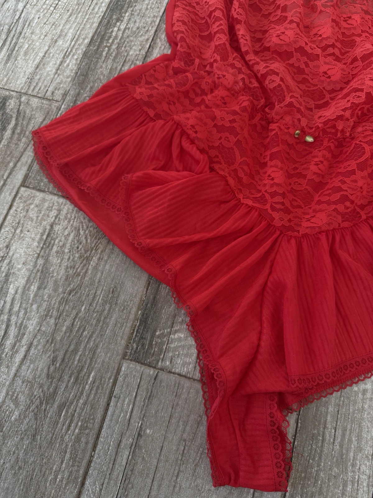 Vtg Strapless Sheer Red Lace Nylon Romper Negligee Lingerie Pleated Skirt XL
