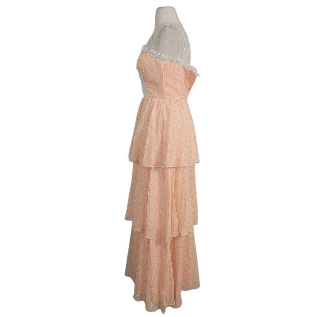 Vintage 1960s 1970s Peach Tiered Maxi Dress Sz XXS 2XS Lace Polka-dot Coquette