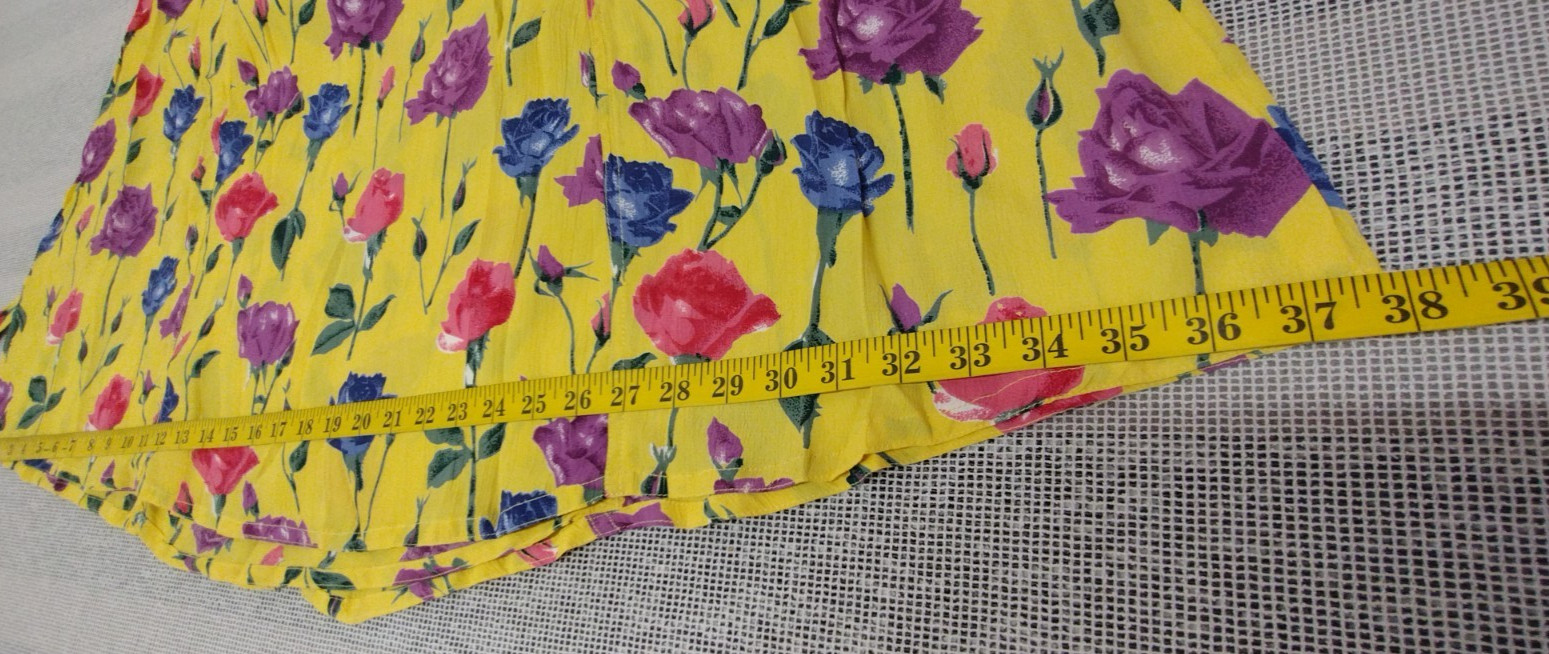 1990s Roses Long Dress Yellow Multicolor Print Purple Rose Country Chic Med New