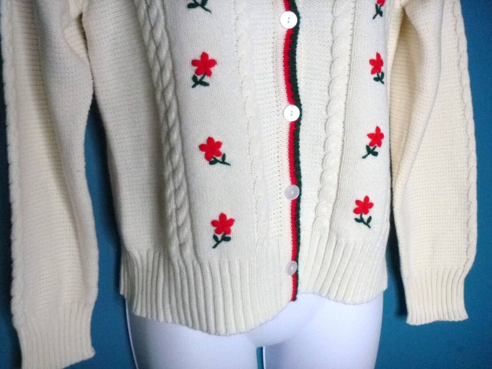Vtg Acrylic Cardigan Off White Red Green Floral Embroidery Sz 36/38 Austria