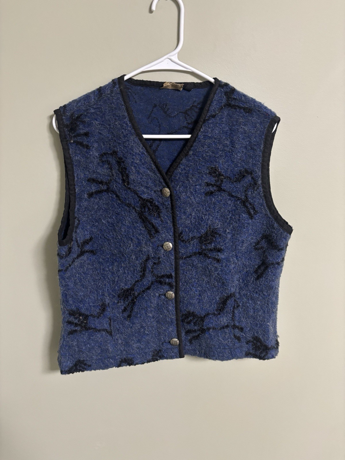 Vintage Tsunami Horse Print Vest Blue Mohair Alpaca Aztec Size Medium Equestrian