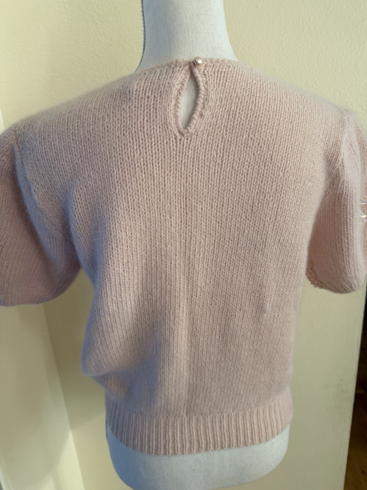 Vintage Ann Katrine S Pink Sequined Short Sleeve Sweater Lambswool, Angora, Wool