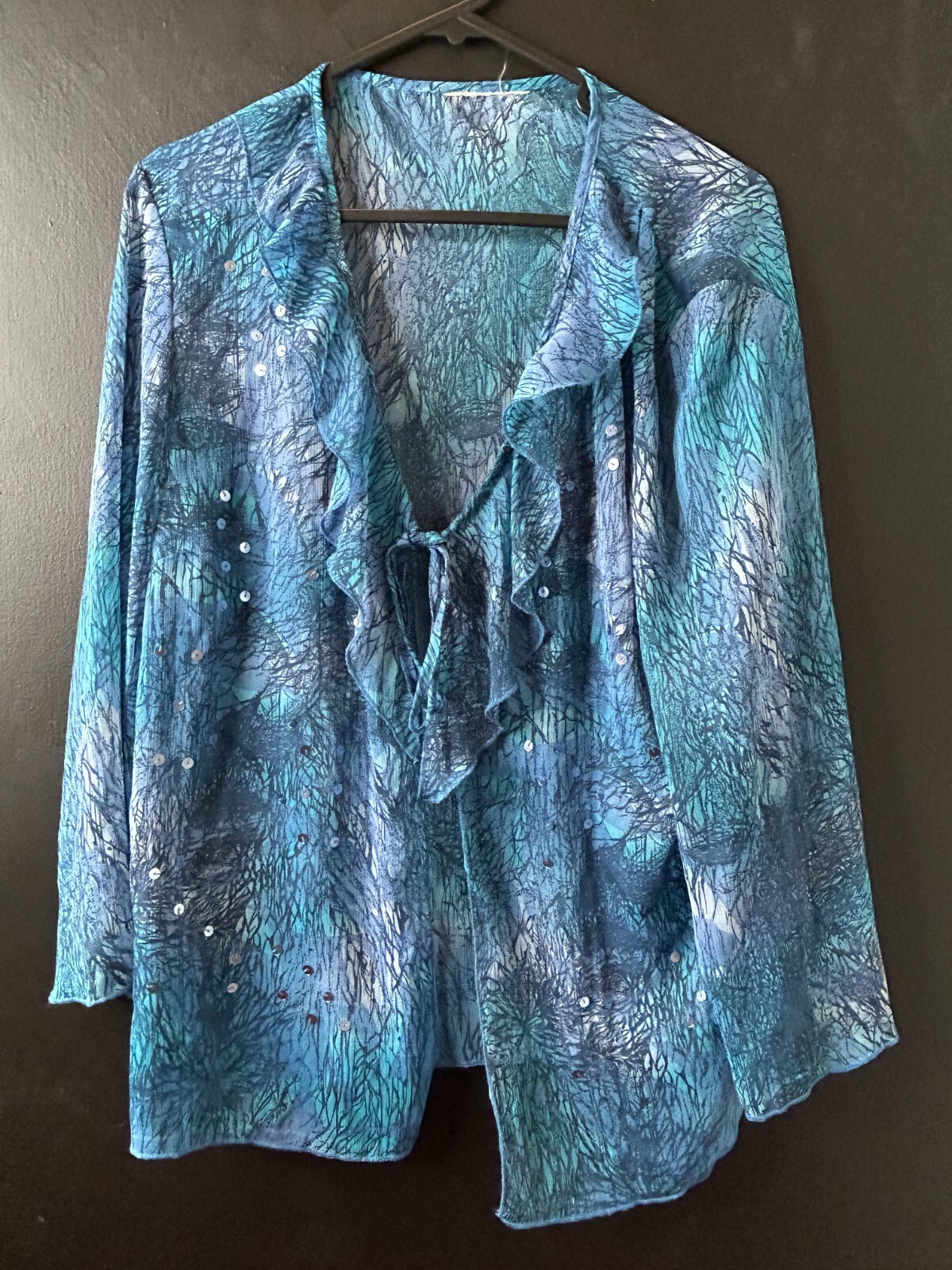 Vintage y2k Ladies Sheer Blue Cascade Ruffle Blouse Sequin Summer Hippie AU 12