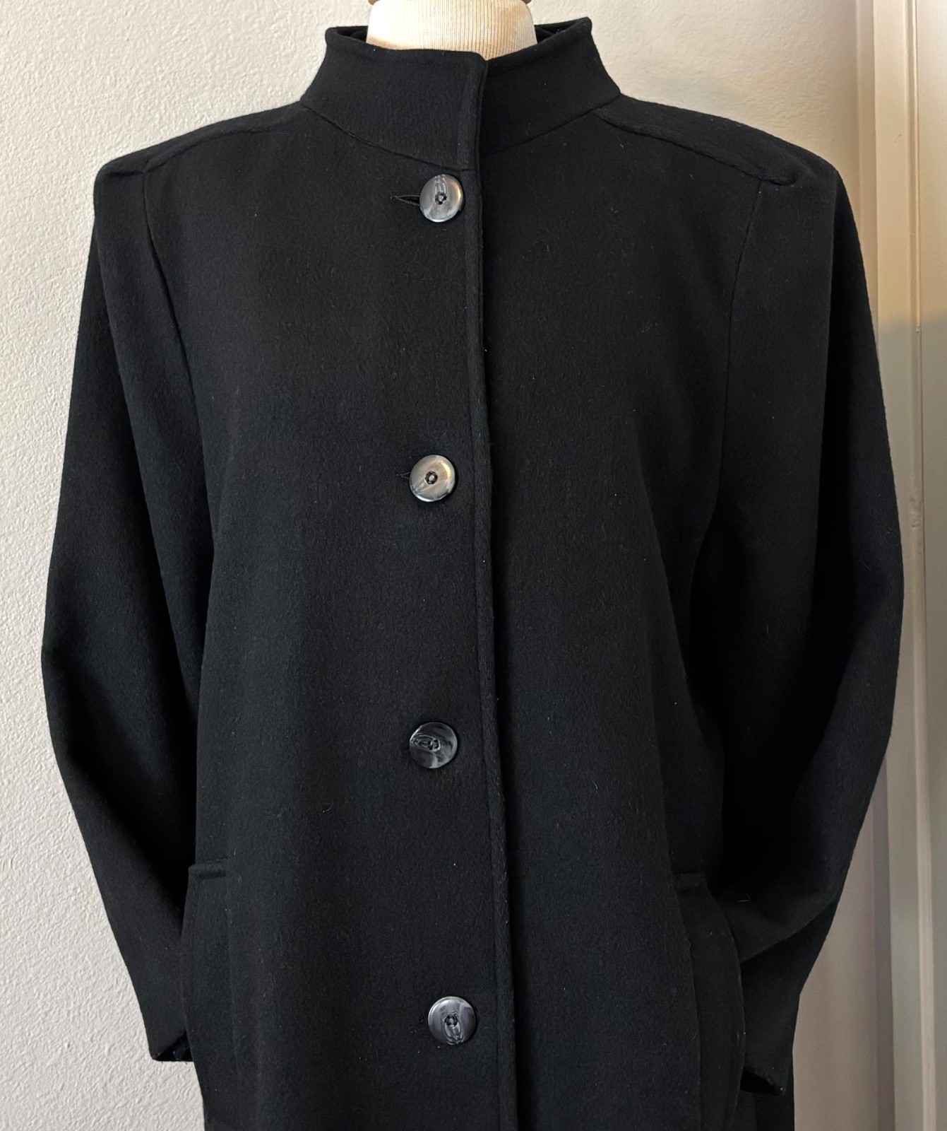 VTG ANDREA MARIN NEW YORK UNION MADE WMS BLACK WOOL BLEND COAT MAXI SEE MEASURE