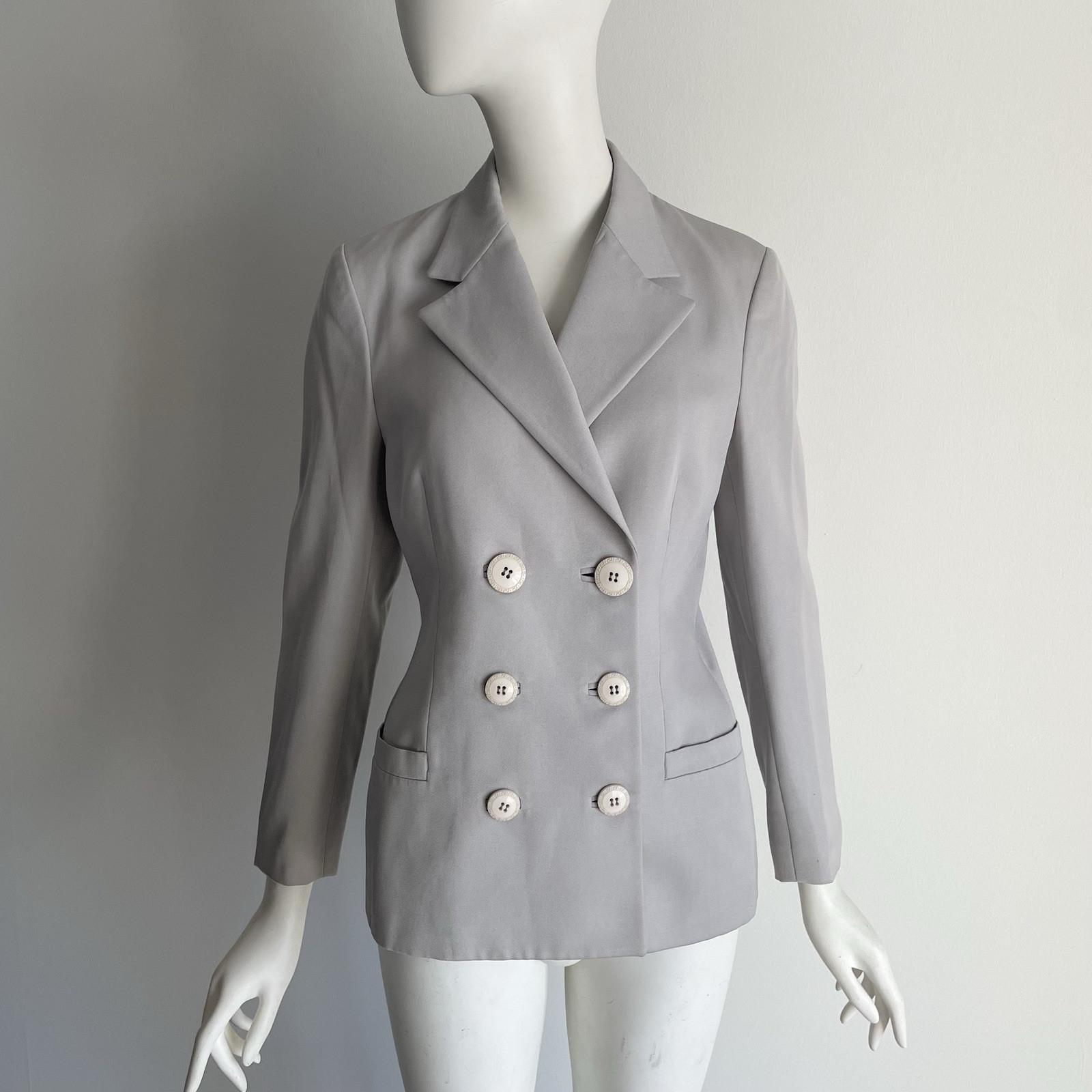 Vintage 1990s Gianni Versace Light Gray Wool Double Breasted Blazer Jacket 40