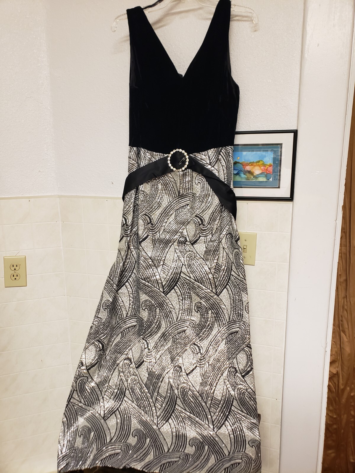Vintage 60s 70s Velvet Black Siver Maxi Dress Retro Elegant Formal Disco Medium