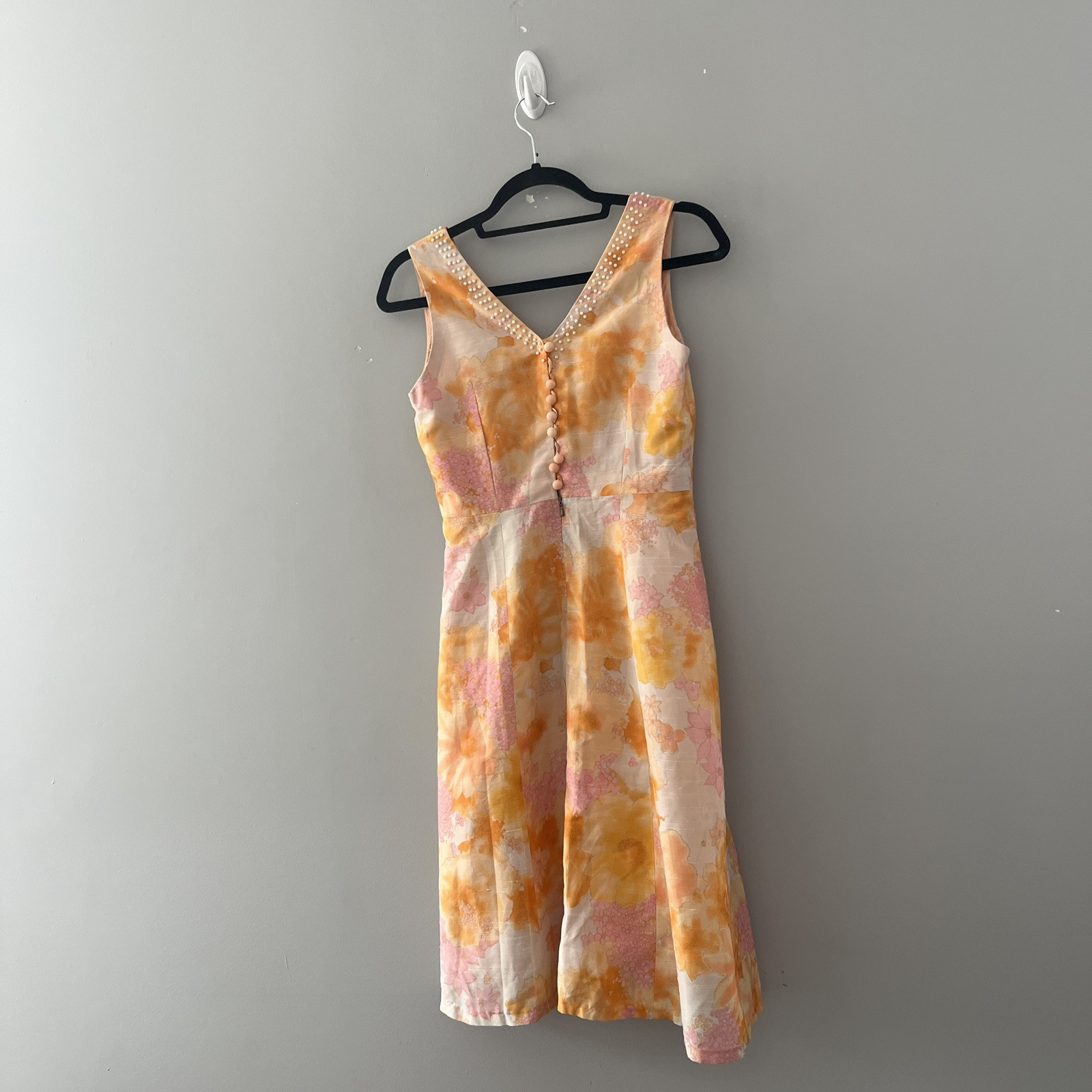 Vintage Orange and Pink Sleeveless Dress V Neck Beaded Abstract Floral Spring
