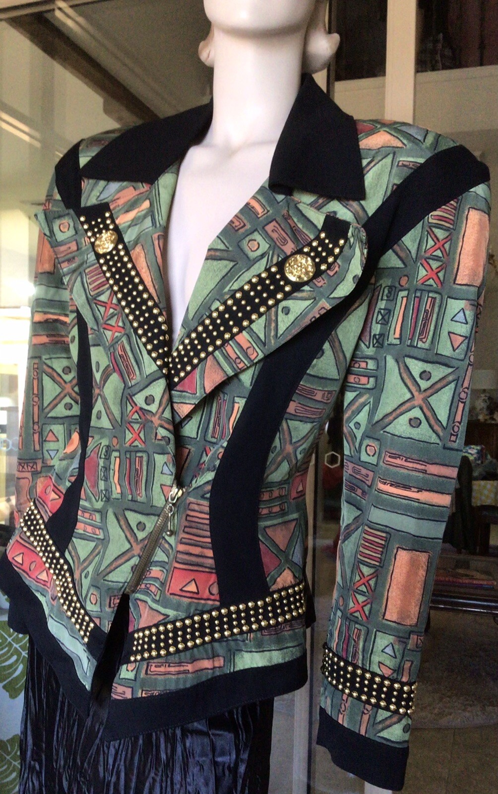 Vtg 80s Green Geometric Print Asymmetric Wasp Waist Gold Stud Peplum Jacket 10