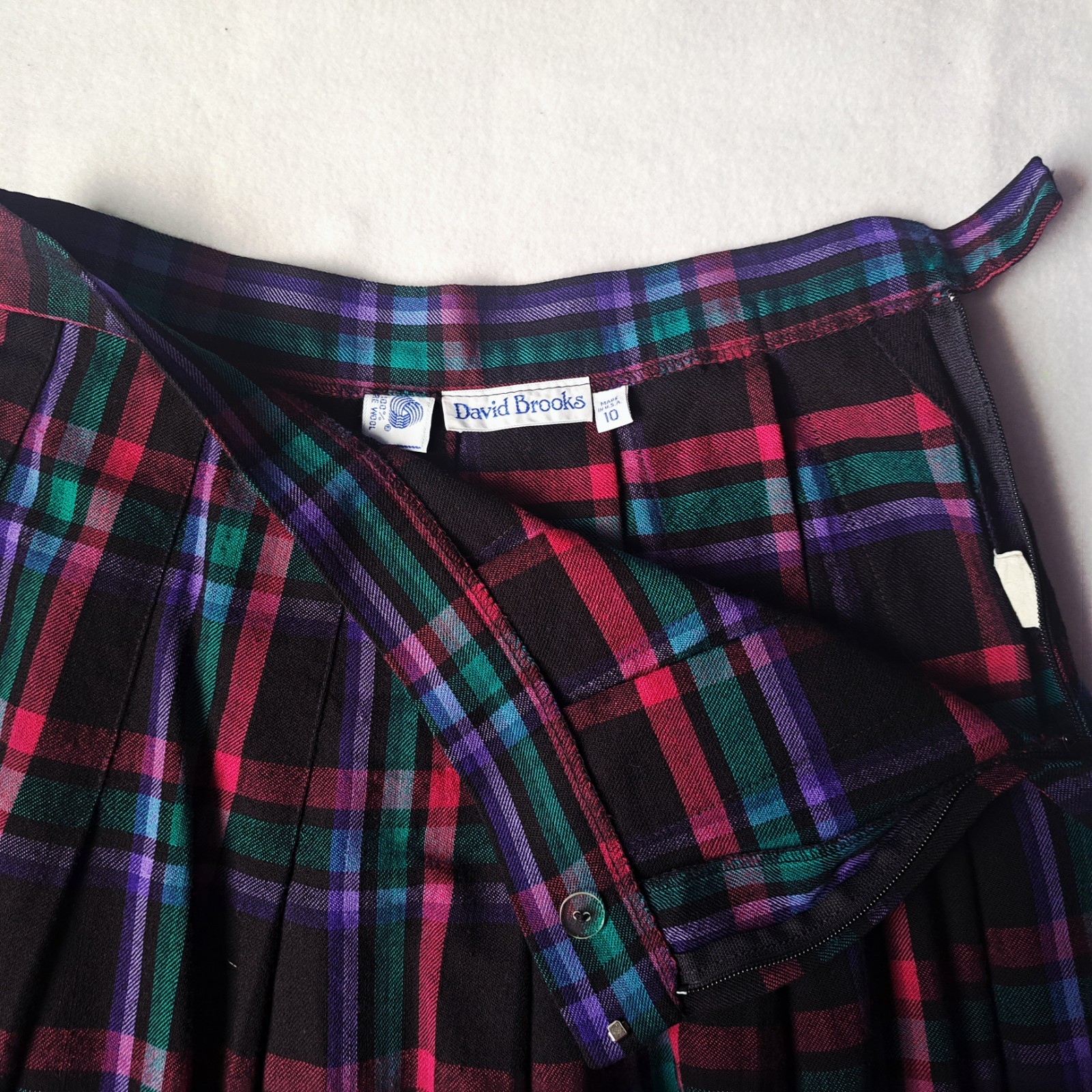 VTG David Brooks Plaid Wool Midi Skirt 10 Made in USA Academia Pleated Tartan