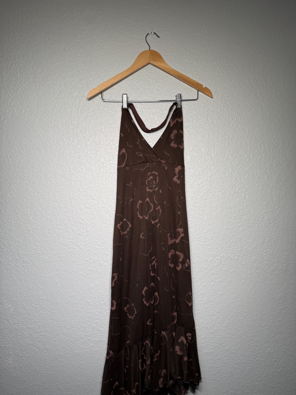 vintage 90s sparkle brown dress ruffle asymmetrical halter flow formal festival
